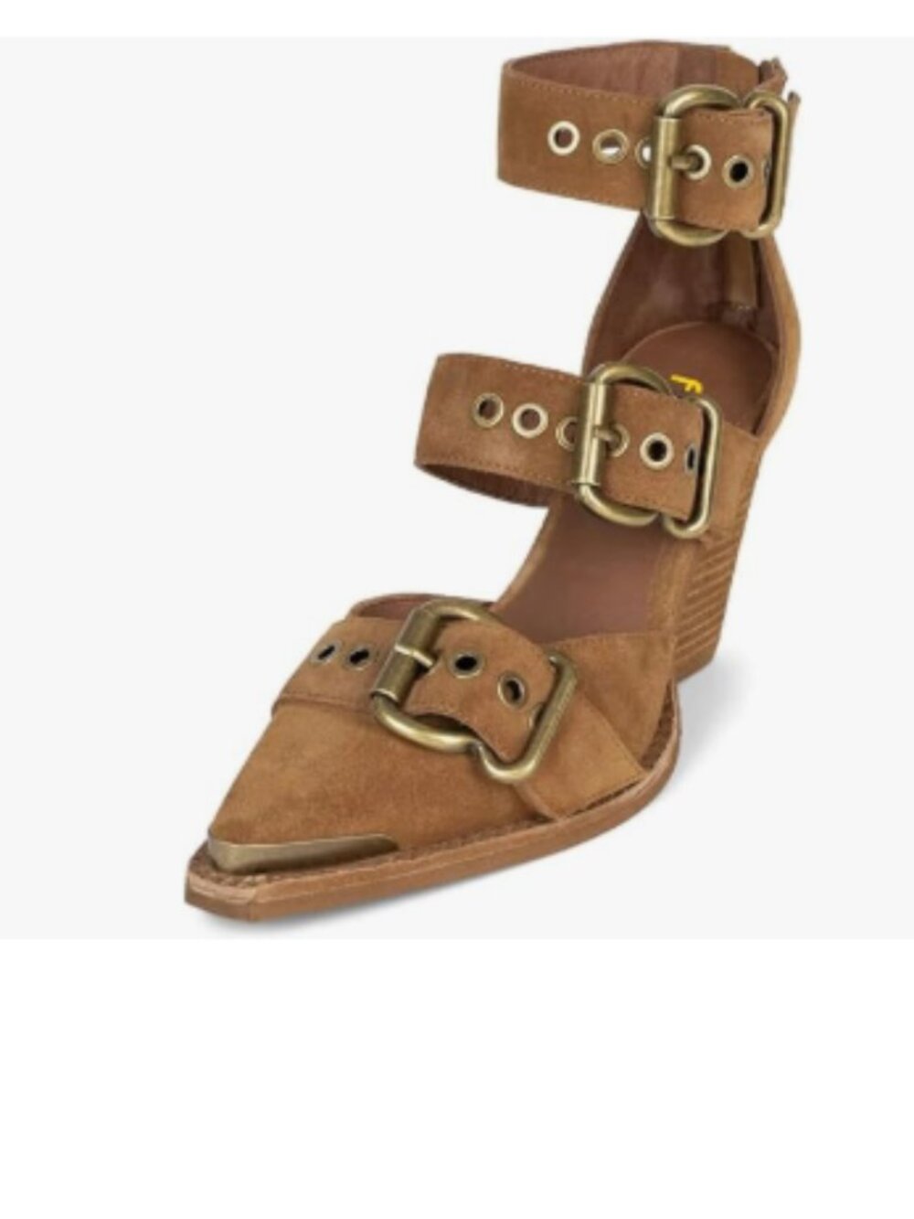 FSJ Brown Women's Pointed Toe Buckle Strappy Chunky Wedge Heel Sandals